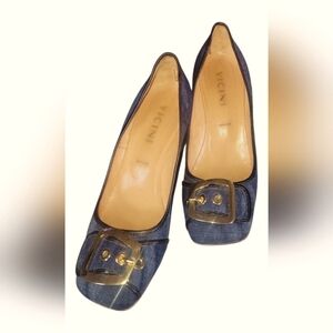 Vicini Blue Denim Square Toes Buckle on Vamp Gold Heels Women's Heels Sz 40